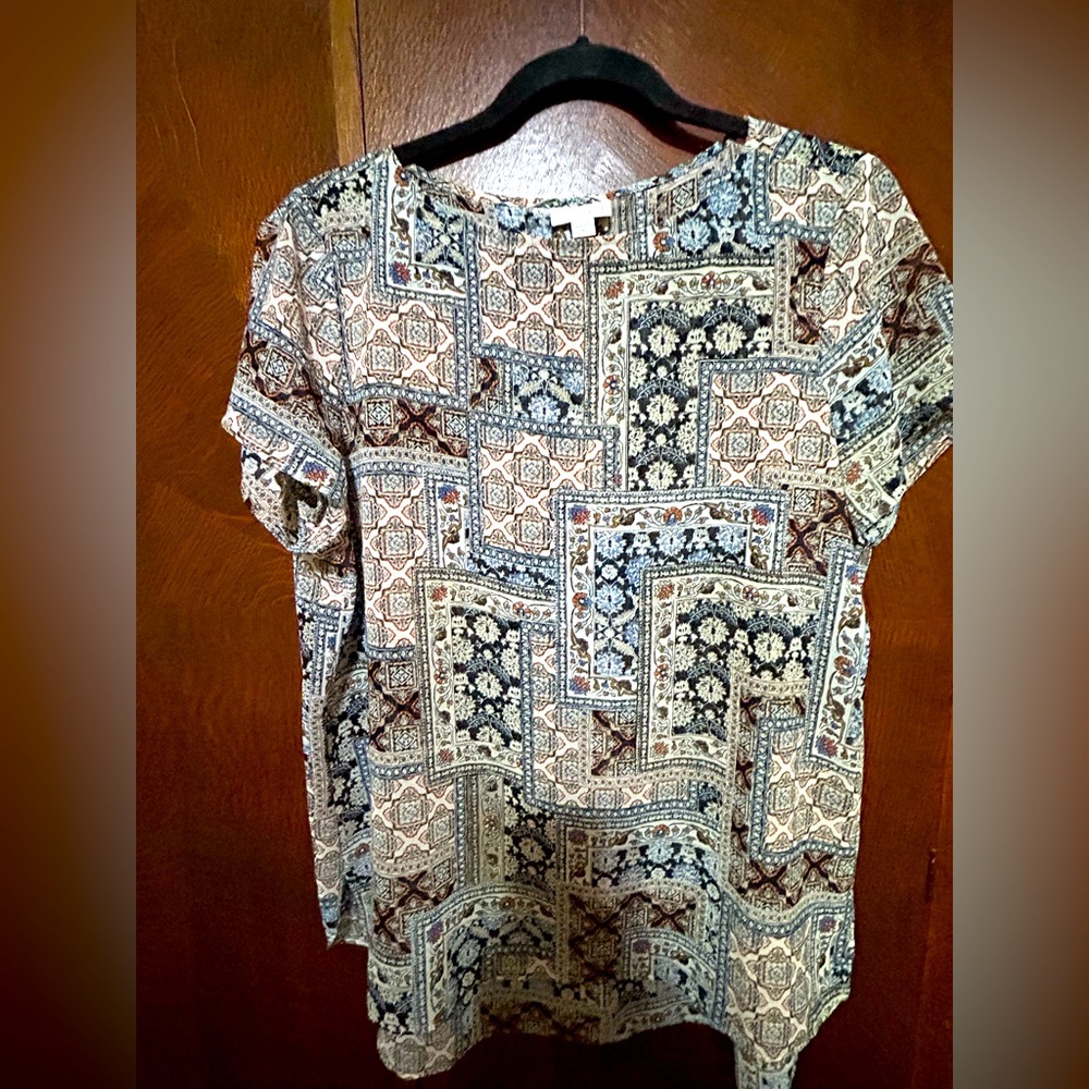 J.Jill Blue, Brown, & Cream Patterned Short Sleeve Sheer Women's Top